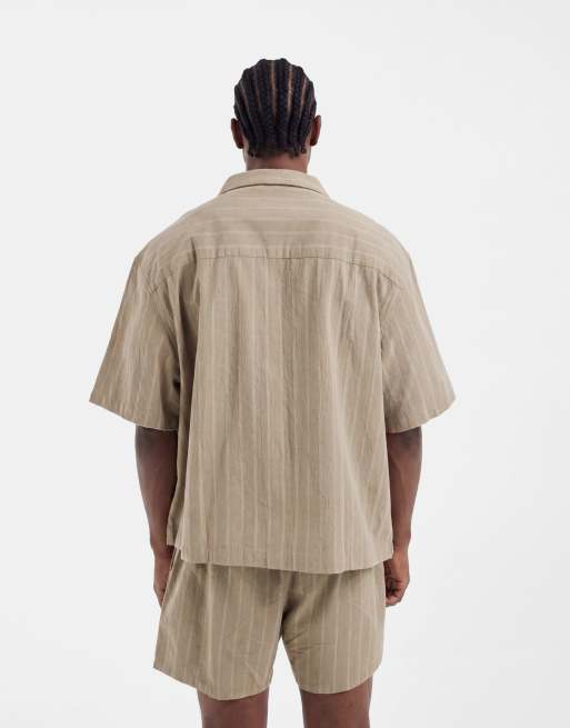 ASOS DESIGN - Recht oversized gestreept overhemd met linnenlook in kaki, deel van co-ord set, 3 van 5