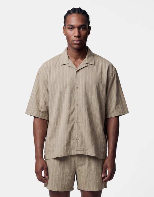 ASOS DESIGN - Recht oversized gestreept overhemd met linnenlook in kaki, deel van co-ord set, 4 van 5