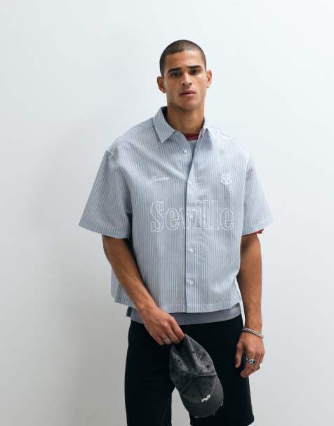 ASOS DESIGN - Recht oversized gestreept overhemd met Seville-print in blauw - view 1