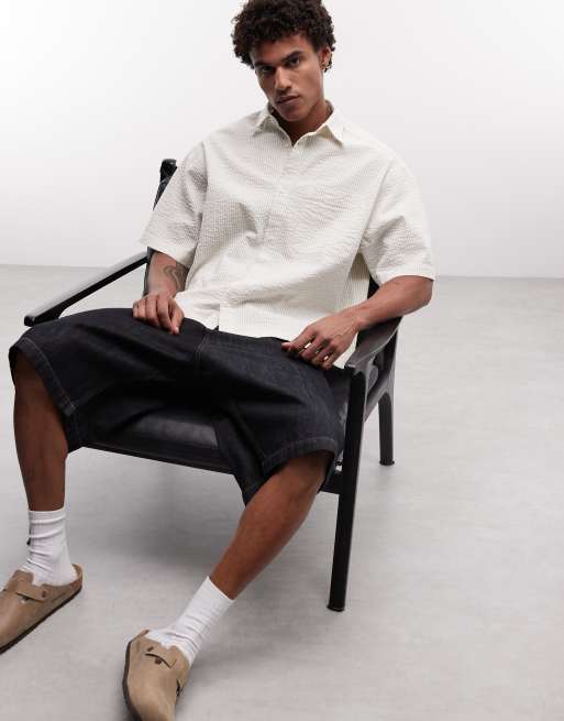 ASOS DESIGN - Recht oversized gestreept overhemd van seersuckerstof in wit en beige, 2 van 5