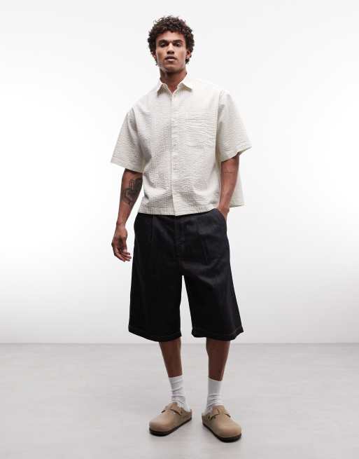 ASOS DESIGN - Recht oversized gestreept overhemd van seersuckerstof in wit en beige, 3 van 5