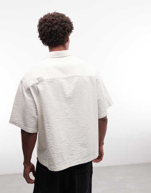ASOS DESIGN - Recht oversized gestreept overhemd van seersuckerstof in wit en beige, 5 van 5