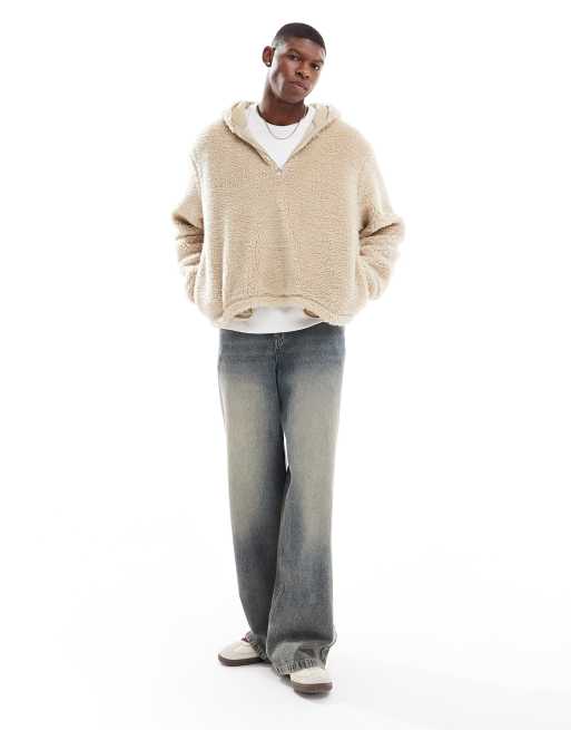 ASOS DESIGN Recht oversized hoodie van borg met halve rits in beige