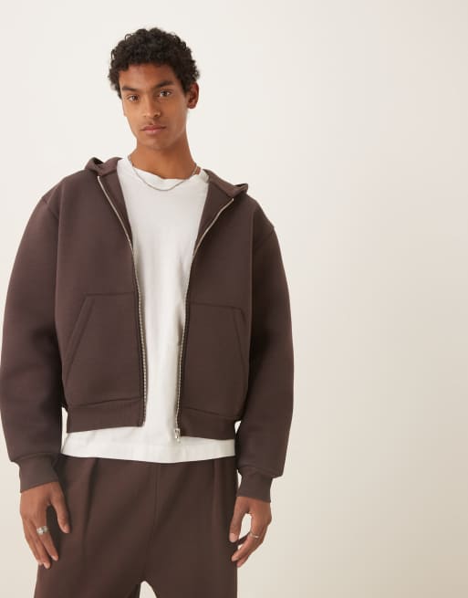 ASOS DESIGN - Recht oversized hoodie van zware scubastof met ritssluiting in bruin