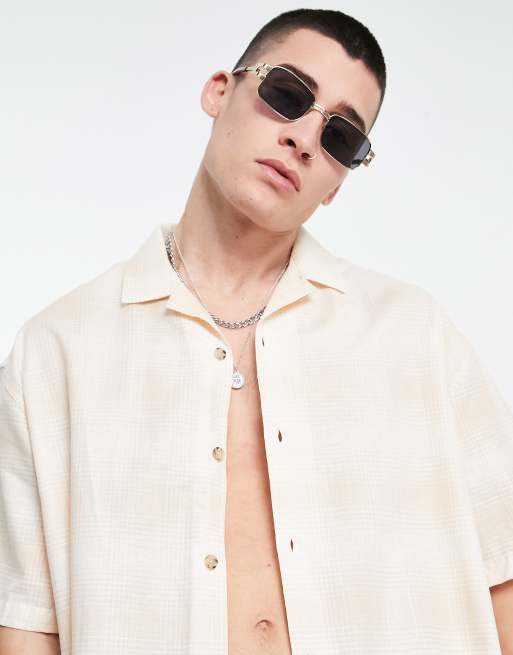 ASOS DESIGN - Recht oversized linnen overhemd met reverskraag en ruiten in beige, 3 van 4