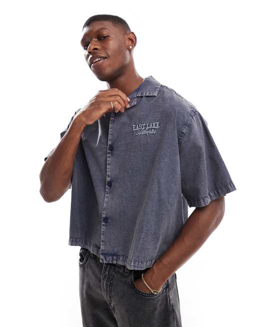 ASOS DESIGN - Recht oversized overhemd met reverskraag en ton-sur-ton borduursel op de borst in gewassen blauw