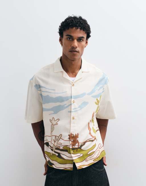 ASOS DESIGN - Recht oversized overhemd van linnenmix met print in multi, 5 van 5