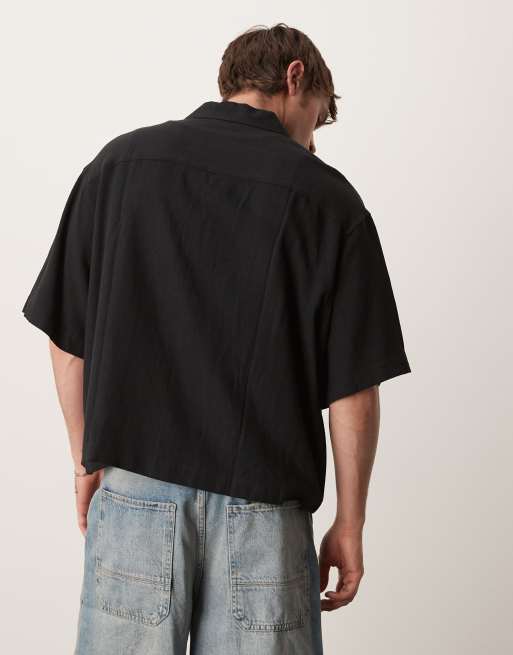 ASOS DESIGN - Recht oversized overhemd van linnenmix met reverskraag in zwart, 3 van 4