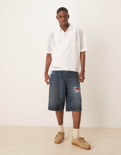 ASOS DESIGN - Recht oversized polo van open mesh met rits en verlaagde schouders in gebroken wit , 2 van 4