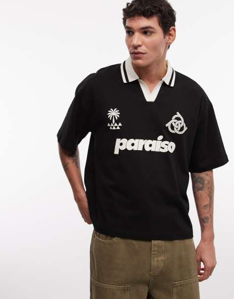 ASOS DESIGN - Recht oversized poloshirt met voetbalprint in zwart - view 1
