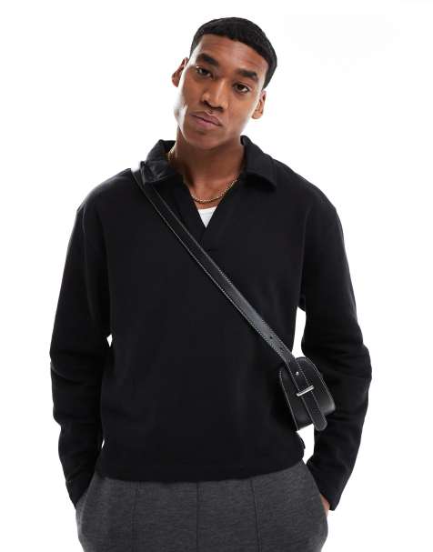 ASOS DESIGN - Recht oversized sweatshirt met polokraag in zwart - view 1
