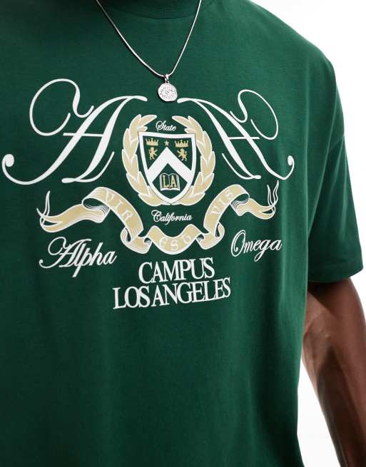 ASOS DESIGN - Recht oversized T-shirt met campusprint op de voorkant in groen, 3 van 4