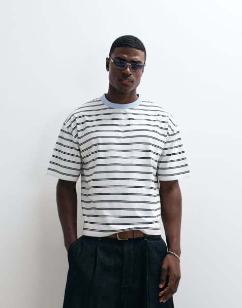 ASOS DESIGN - Recht oversized T-shirt met contrasterende bies in crème met strepen - view 1