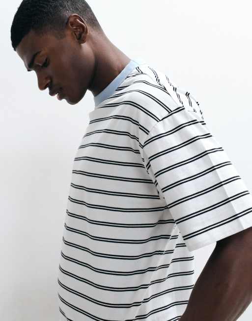 ASOS DESIGN - Recht oversized T-shirt met contrasterende bies in crème met strepen, 3 van 5