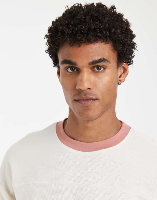 ASOS DESIGN - Recht oversized T-shirt met contrasterende rand en wafeltextuur in crème, 3 van 5