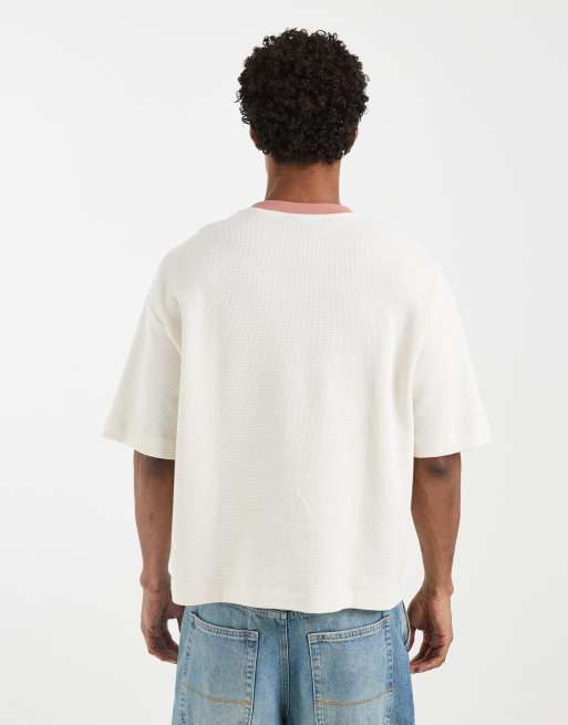 ASOS DESIGN - Recht oversized T-shirt met contrasterende rand en wafeltextuur in crème, 4 van 5