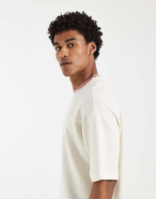 ASOS DESIGN - Recht oversized T-shirt met contrasterende rand en wafeltextuur in crème, 5 van 5
