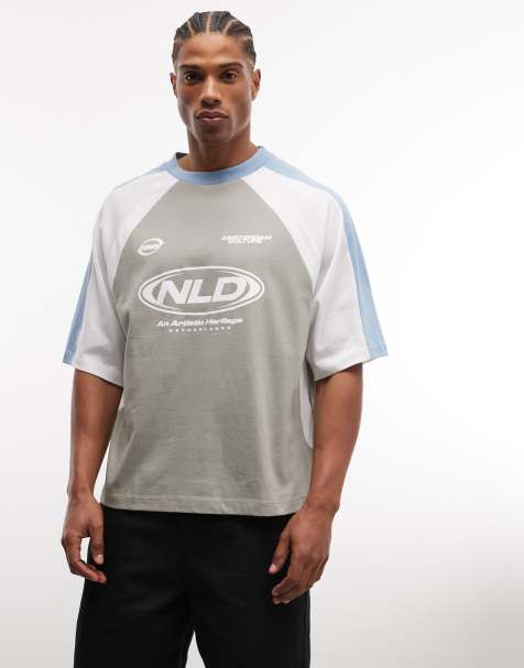 ASOS DESIGN - Recht oversized T-shirt met gestikte vlakken en grafische sportprint in grijs - view 1