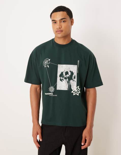 ASOS DESIGN - Recht oversized T-shirt met grafische bloemenprint in donkergroen - view 1