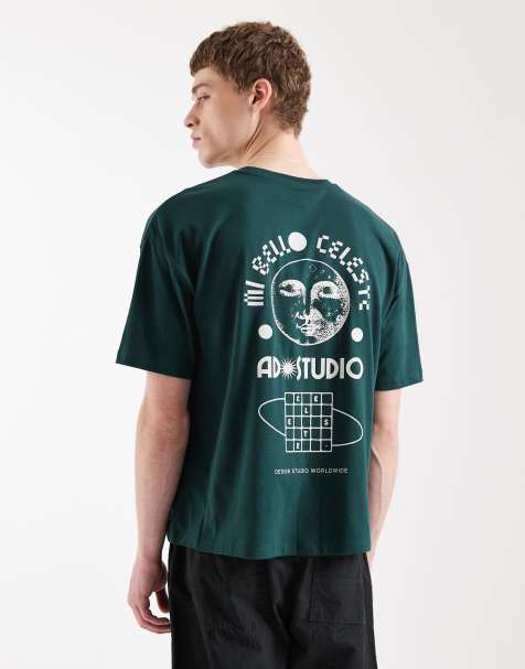 ASOS DESIGN - Recht oversized T-shirt met hemelse print in donkergroen - view 1