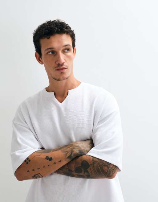 ASOS DESIGN - Recht oversized T-shirt met inkeping aan de hals in wit met wafelstructuur, 2 van 5