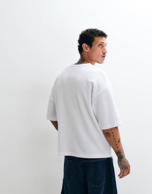 ASOS DESIGN - Recht oversized T-shirt met inkeping aan de hals in wit met wafelstructuur, 4 van 5