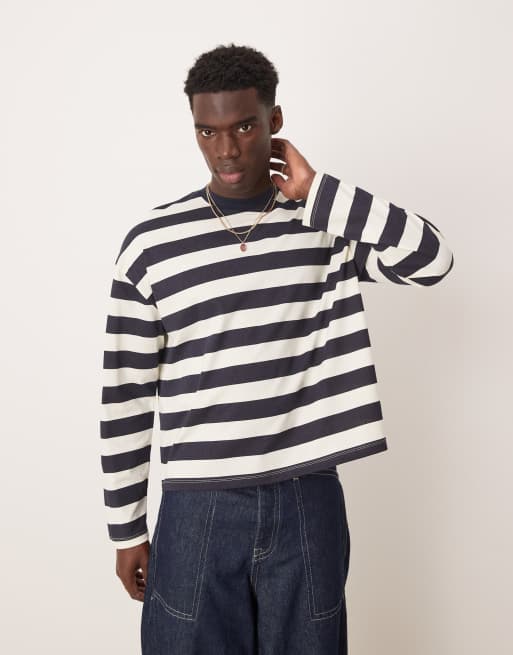 ASOS DESIGN - Recht oversized T-shirt met lange mouwen in marineblauwe-witte streep