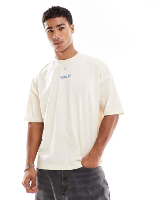 ASOS DESIGN - Recht oversized T-shirt met stadsprint en borduursel in crème, 4 van 4