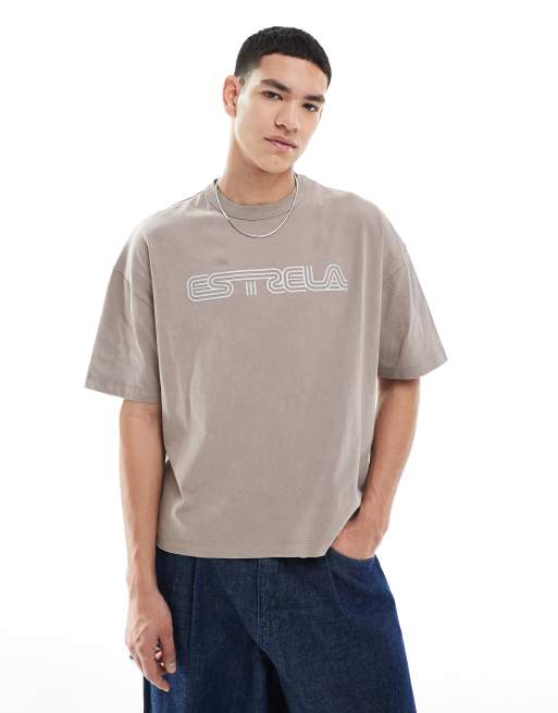ASOS DESIGN - Recht oversized T-shirt van 220gsm zware stof met rubberen tekstprint in stone met wassing