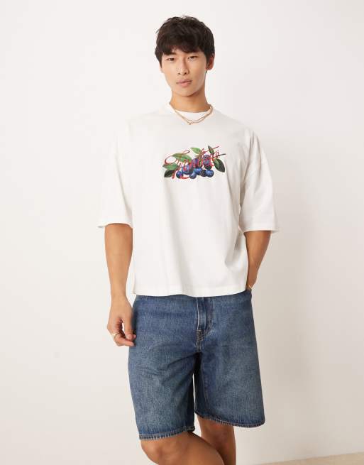 ASOS DESIGN - Recht oversized T-shirt van zware stof met fruitprint in gebroken wit , 2 van 4