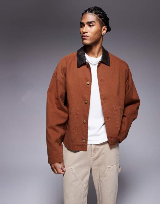 ASOS DESIGN - Recht oversized utility jack met kraagje van imitatieleer in lichtbruin, 3 van 4