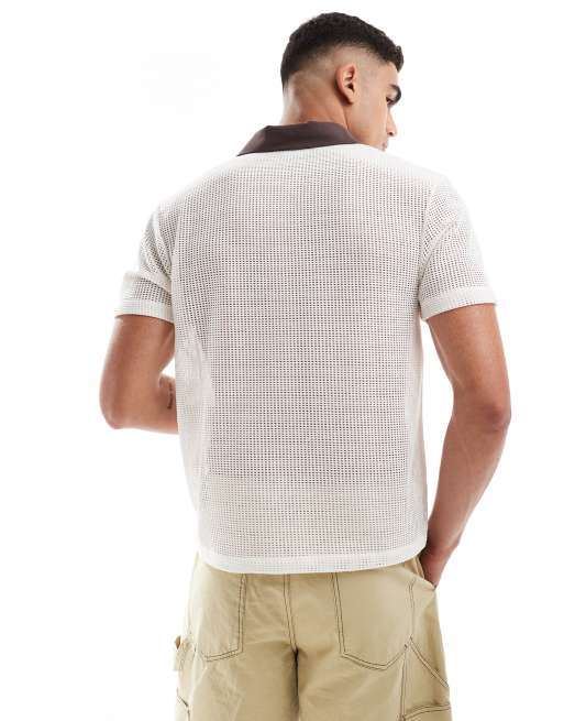 ASOS DESIGN - Recht poloshirt van wit open mesh met contrasterend kraagje, 2 van 4