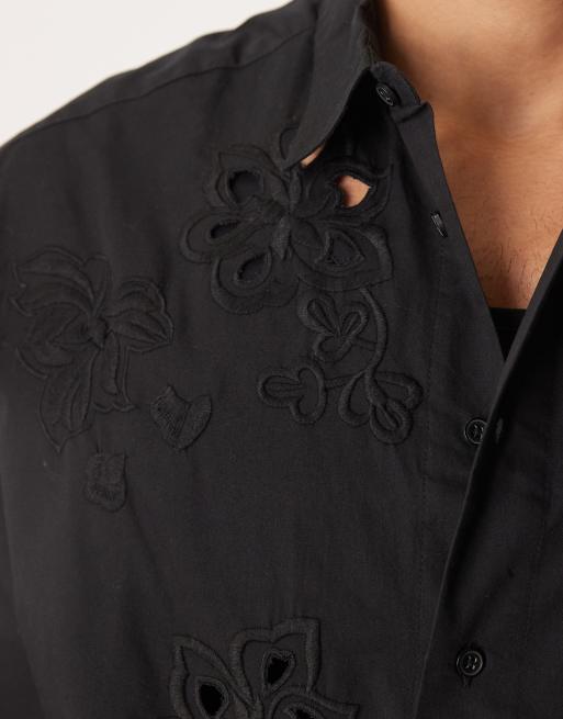 ASOS DESIGN - Recht premium oversized overhemd met geborduurde bloemen in zwart, 5 van 5