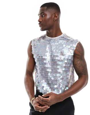 ASOS DESIGN - Recht regular-fit mouwloos overhemd met grote lovertjes in wit