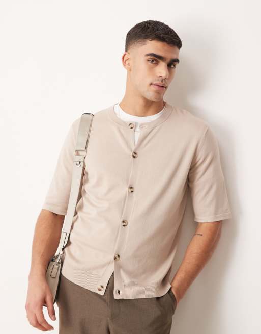 ASOS DESIGN - Recht ruimvallend gebreid T-shirt met ronde hals en knopen in stone