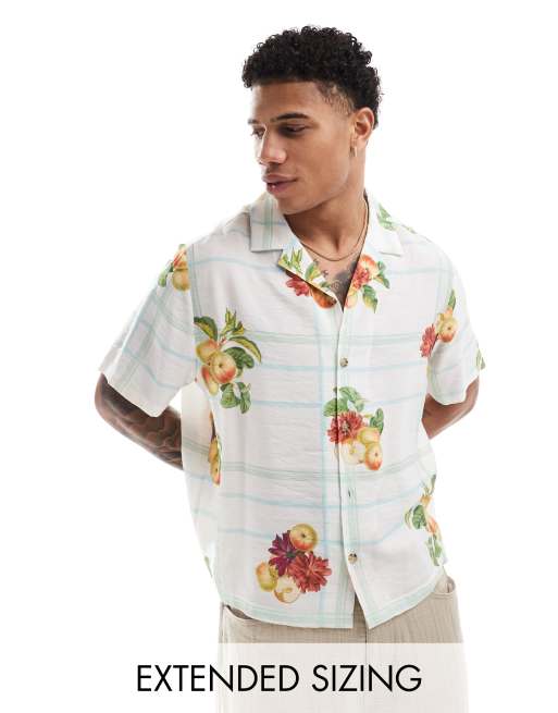 ASOS DESIGN - Recht ruimvallend geruit overhemd met reverskraag en fruitprint in wit
