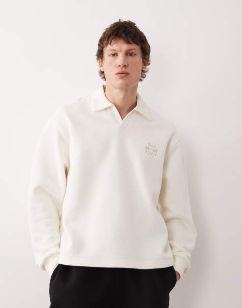 ASOS DESIGN - Recht ruimvallend polo sweatshirt met inkeping aan de hals en borduursel in ecru piqué - view 1