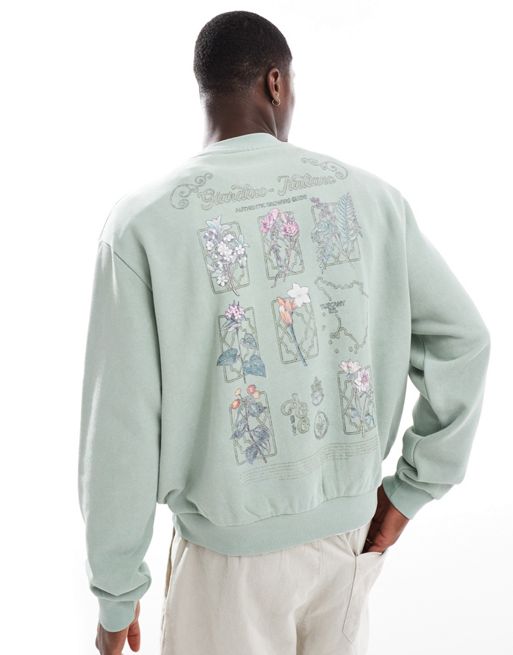FhyzicsShops DESIGN - Recht sweatshirt met bloemenprint in groen met wassing