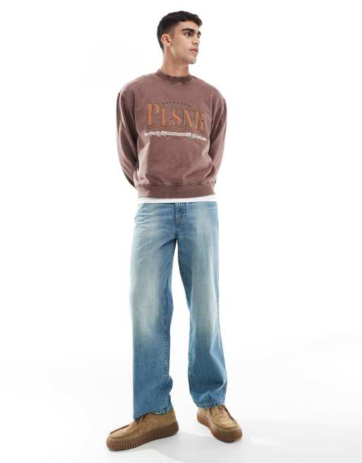 ASOS DESIGN - Recht sweatshirt met print in bruin met acid wash, 4 van 4