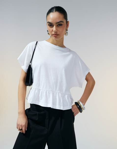 ASOS DESIGN - Recht T-shirt met korte mouwen, linnenlook en peplum in wit - view 1