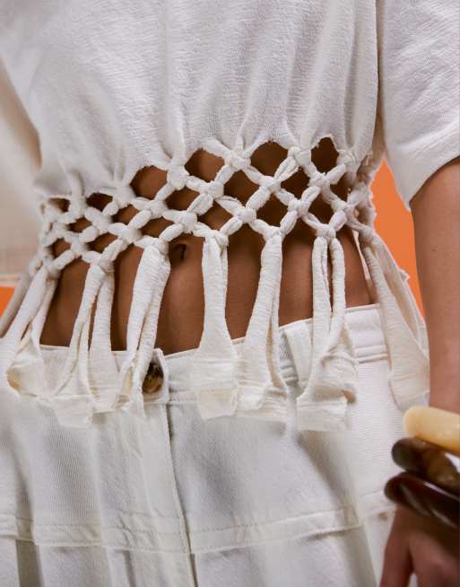 ASOS DESIGN - Recht T-shirt met macramé-zoom in crème, 4 van 4
