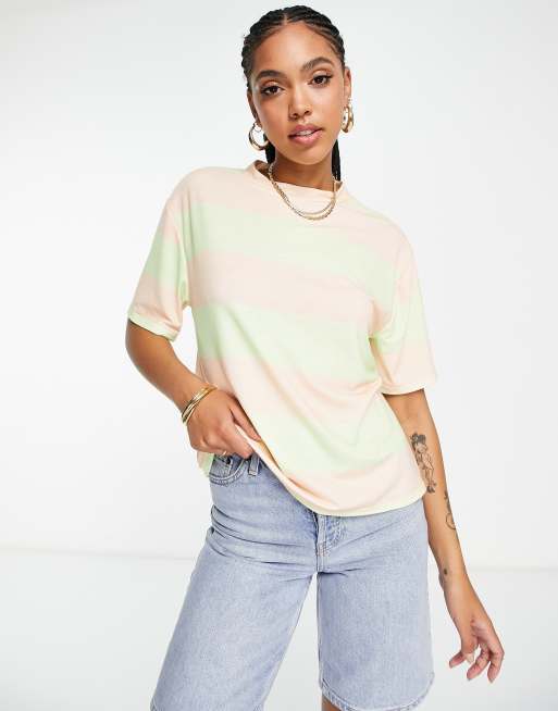 ASOS DESIGN - Recht T-shirt met strepen in perzikkleur en groen