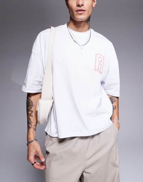 ASOS DESIGN - Recht T-shirt met verlaagde schouders, korte mouwen en vissenprint in wit - view 1