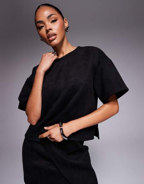 ASOS DESIGN - Recht T-shirt van imitatiesuède in zwart, deel van co-ord set - view 1