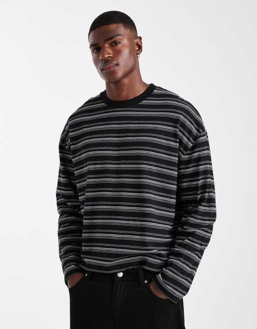 ASOS DESIGN - Recht T-shirt van zware stof met lange mouwen en getextureerde strepen in zwart 