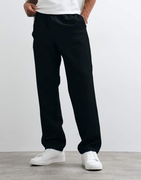 ASOS DESIGN rechte broek met visgraatmotief in zwart met elastische tailleband - view 1