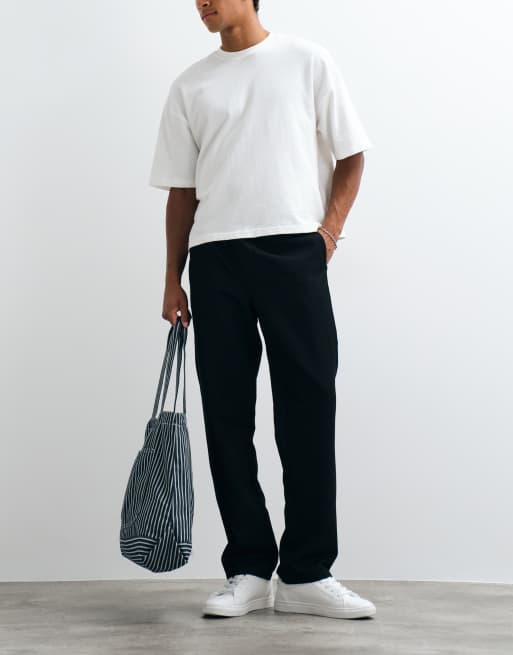 ASOS DESIGN rechte broek met visgraatmotief in zwart met elastische tailleband, 4 van 6