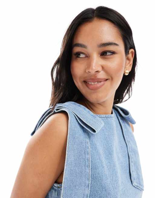 ASOS DESIGN - Rechte denim mini jurk met gestrikte schouderbandjes in middenblauw, 3 van 4