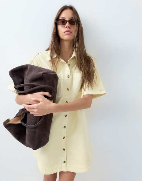 ASOS DESIGN - Rechte denim overhemdjurk met zakdetail in lichtgeel - view 1
