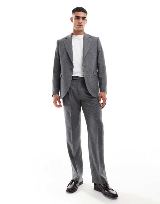 ASOS DESIGN - Rechte flanellen pantalon van wolmix van gemêleerd antraciet